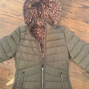 Olive Puffer Jacket with Leopard Lining